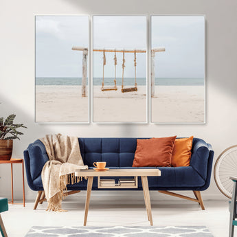 68327283-MGV-CV-36X24-Beach Swing Wall Art Canvas Print, Framed Quiet Beach Art Picture Print, Calm Shoreline Perfect Bohemian Coastal Decor Artwork