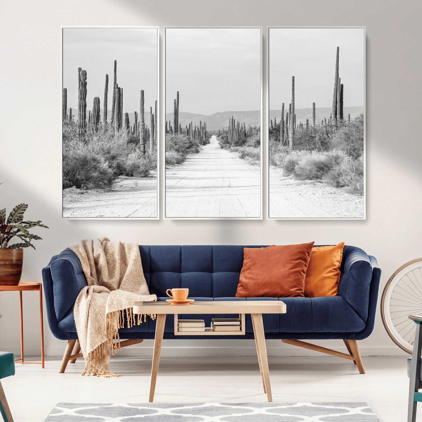 35537313-MGV-FC-48X32-3P_White-Monochrome Desert Wall Art Canvas Print, Framed Cactus Path Art Picture Print, Southwestern Landscape Perfect Southwestern