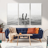26667396-MGV-FC-48X32-3P_White-Black White Ocean Wall Art Canvas Print, Framed Monochrome Water Art Picture Print, Diving into Water Perfect Minimalist Aquatic