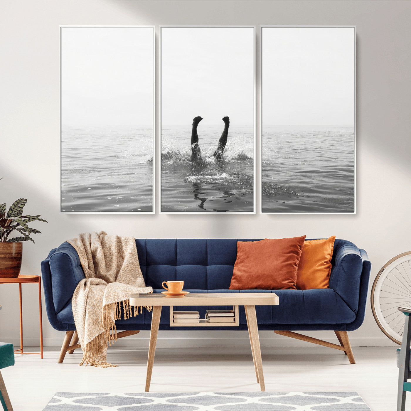 26667396-MGV-CV-36X24-Black White Ocean Wall Art Canvas Print, Framed Monochrome Water Art Picture Print, Diving into Water Perfect Minimalist Aquatic