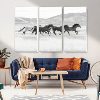 69934913-MGV-FC-48X32-3P_White-Wild Horses Running Wall Art Canvas Print, Framed Black White Mustangs Art Picture Print, Rustic Western Perfect Rustic Western