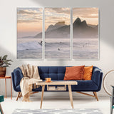 70644906-MGV-FC-48X32-3P_White-Sunset Surfing Wall Art Canvas Print, Framed Misty Mountains Art Picture Print, Surfer Riding Wave Perfect Coastal Adventure Decor