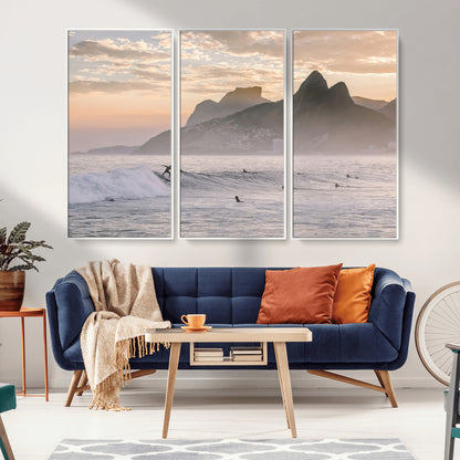 70644906-MGV-CV-36X24-Sunset Surfing Wall Art Canvas Print, Framed Misty Mountains Art Picture Print, Surfer Riding Wave Perfect Coastal Adventure Decor