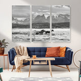 21655040-MGV-CV-36X24-Wild Horses Wall Art Canvas Print, Framed Black White Mountains Art Picture Print, Rustic Countryside Perfect Rustic Western Decor