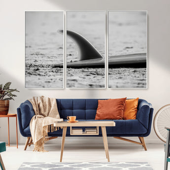62314230-MGV-CV-36X24-Black White Surfboard Wall Art Canvas Print, Framed Minimalist Beach Art Picture Print, Surf Fin Perfect Minimalist Coastal Decor