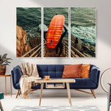 84555848-MGV-FC-48X32-3P_White-Surfer Stairway Wall Art Canvas Print, Framed Ocean Surf Art Picture Print, Sunset Coastal Perfect Coastal Adventure Decor Artwork