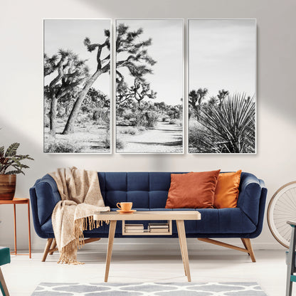 88164251-MGV-FC-48X32-3P_White-Joshua Tree Wall Art Canvas Print, Framed Desert Path Art Picture Print, Monochrome Desert Perfect Minimalist Desert Decor Artwork