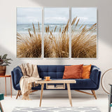 14270839-MGV-FC-48X32-3P_White-Beach Grass Wall Art Canvas Print, Framed Coastal Dunes Art Picture Print, Dune Grass Perfect Coastal Minimalist Decor Artwork