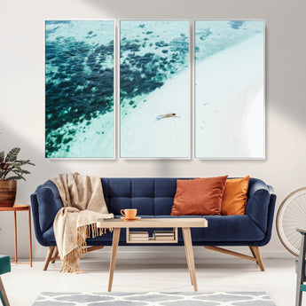 33764764-MGV-FC-48X32-3P_White-Minimal Beach Wall Art Canvas Print, Framed Ocean Swimming Art Picture Print, Clear Ocean Perfect Minimal Coastal Decor Artwork