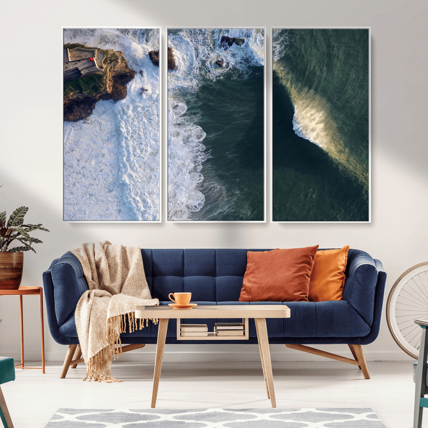 37405684-MGV-FC-48X32-3P_White-Nazare Coast Wall Art Canvas Print, Framed Aerial Ocean Art Picture Print, Coastal Fortress Perfect Dramatic Coastal Decor Artwork