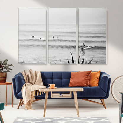 33821421-MGV-FC-48X32-3P_White-Surfer Silhouette Wall Art Canvas Print, Framed Calm Ocean Art Picture Print, Monochrome Surf Perfect Minimalist Coastal Decor