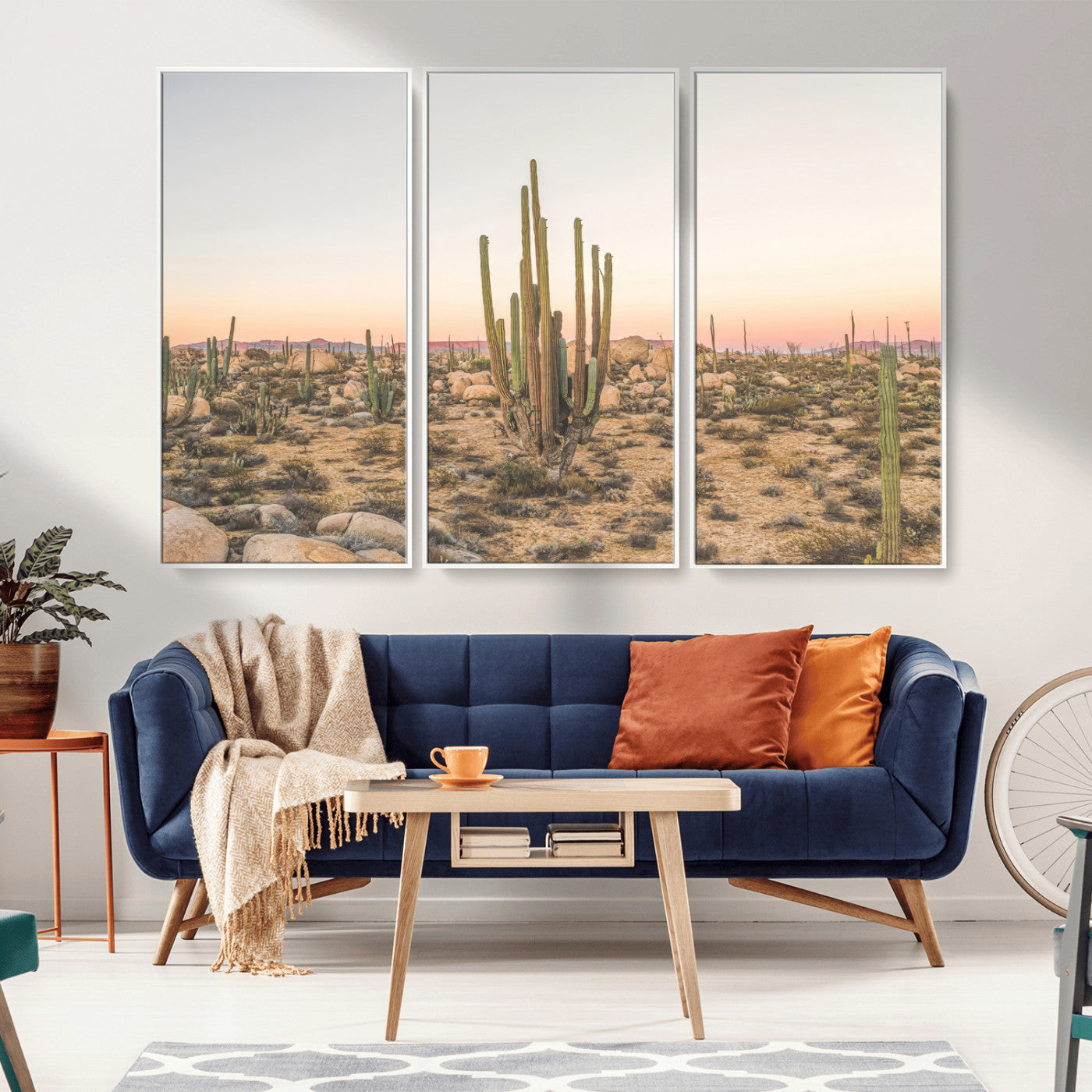 76234974-MGV-FC-48X32-3P_White-Desert Cactus Wall Art Canvas Print, Framed Baja Desert Art Picture Print, Pastel Desert Perfect Southwestern Boho Decor Artwork