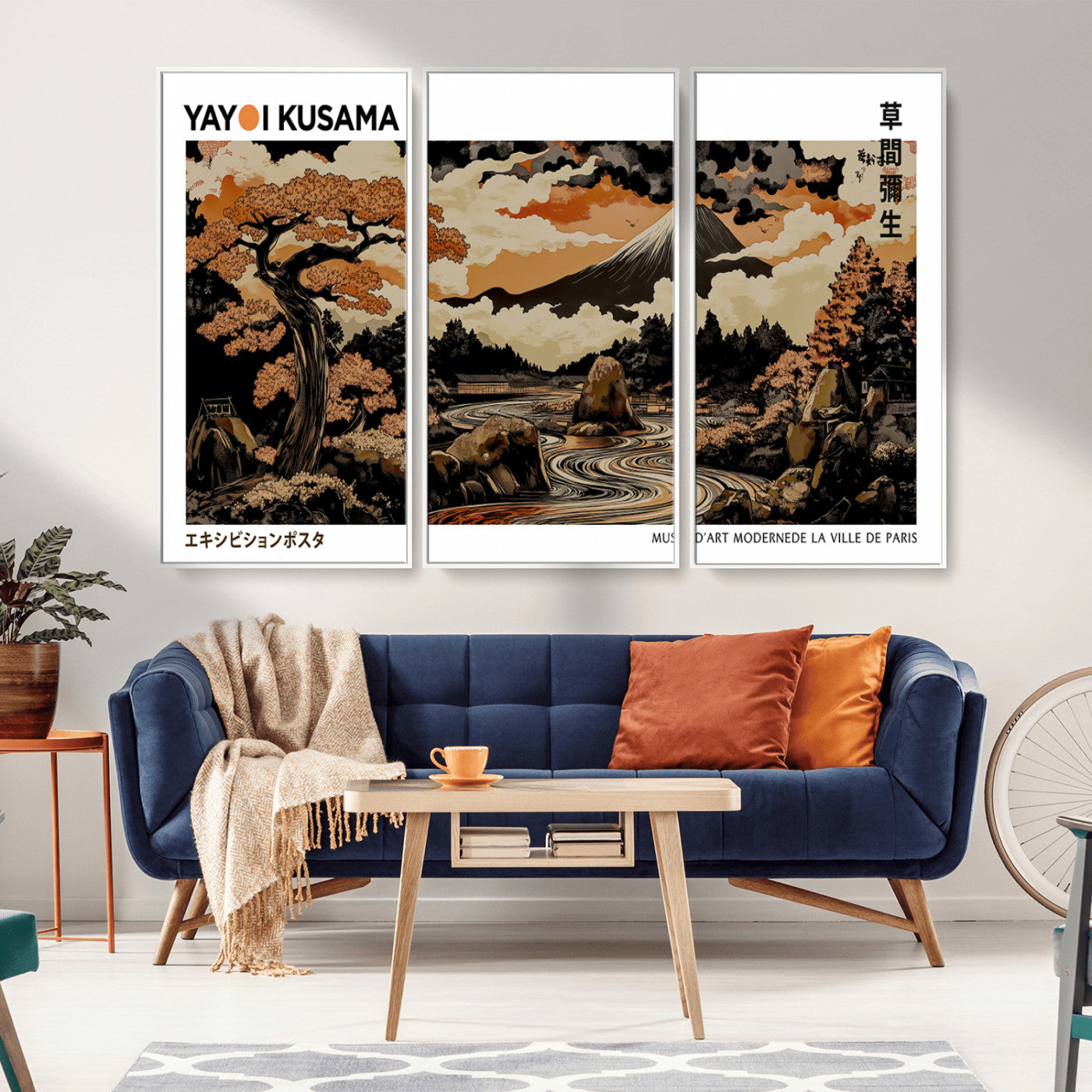 96372548-MGV-CV-36X24-Japanese Landscape Wall Art Print – Mt. Fuji Poster with Bonsai Tree & River, Ukiyo-e Inspired Modern Japanese Artwork, Autumn