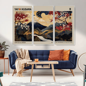 54967195-MGV-CV-36X24-Mount Fuji Wall Art – Japanese Cherry Blossom Abstract Canvas Print, Navy Gold Landscape Painting, Oriental Luxury Home Decor