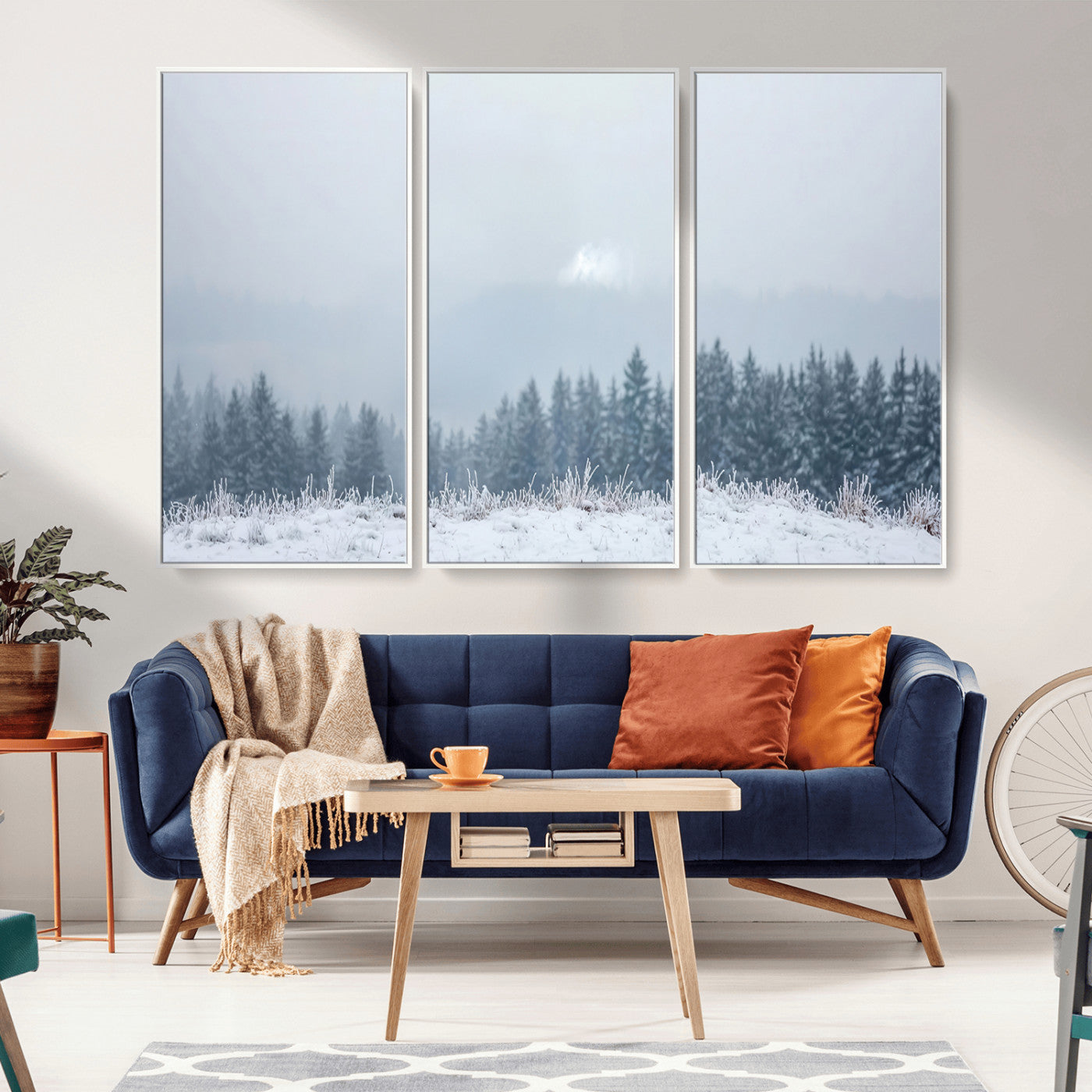 33033082-MGV-FC-48X32-3P_White-Winter Forest Art Wall Art Canvas Print, Framed Snowy Landscape Art Picture Print, Misty Tree Scene Perfect Nordic Minimalist