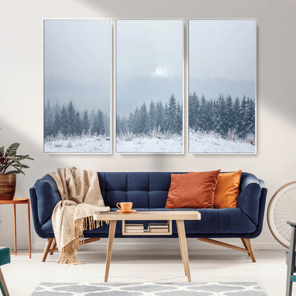 33033082-MGV-CV-36X24-Winter Forest Art Wall Art Canvas Print, Framed Snowy Landscape Art Picture Print, Misty Tree Scene Perfect Nordic Minimalist