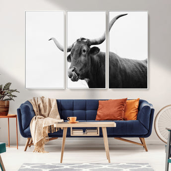 99244177-MGV-CV-36X24-Longhorn Photography Wall Art Canvas Print, Framed Western Cow Decor Art Picture Print, Black White Bull Perfect Modern Rustic