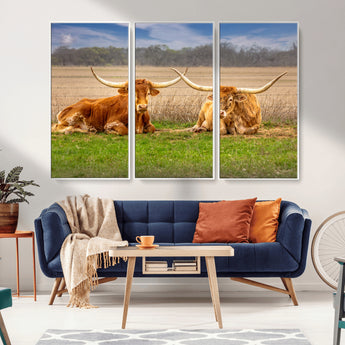 97244565-MGV-FC-48X32-3P_White-Longhorn Duo Wall Art Canvas Print, Framed Cozy Ranch Vibes Art Picture Print, Western Ranch Decor Perfect Rustic Farmhouse Decor