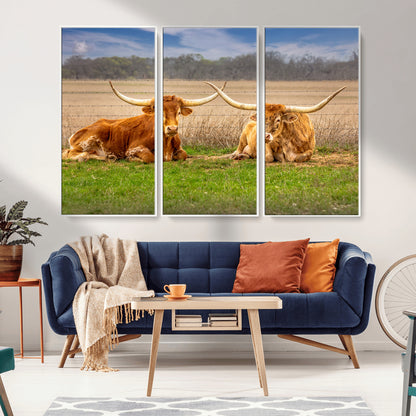 97244565-MGV-FC-48X32-3P_White-Longhorn Duo Wall Art Canvas Print, Framed Cozy Ranch Vibes Art Picture Print, Western Ranch Decor Perfect Rustic Farmhouse Decor