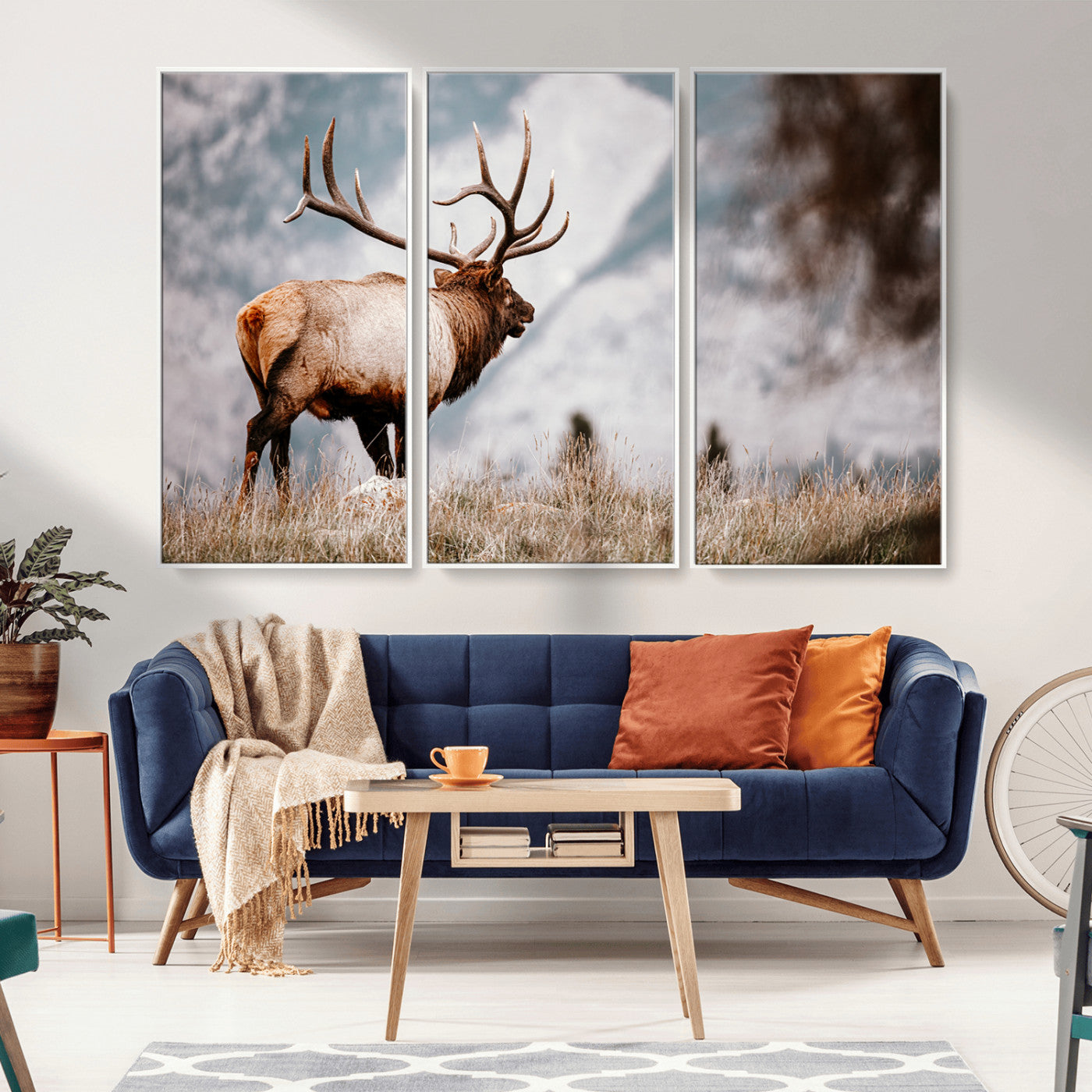 70489411-MGV-FC-48X32-3P_White-Elk Photography Wall Art Canvas Print, Framed Mountain Wildlife Art Picture Print, Rustic Nature Decor Perfect Rustic Lodge Decor