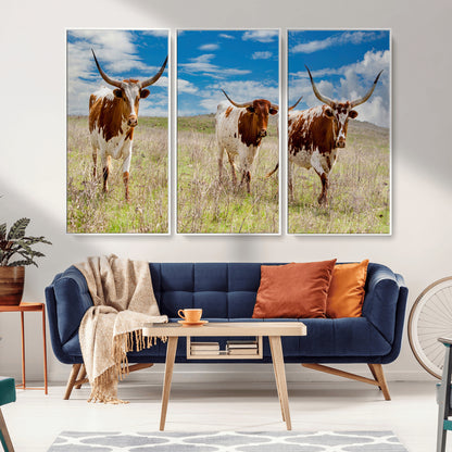 58099948-MGV-FC-48X32-3P_White-Texas Longhorn Wall Art Canvas Print, Framed Western Decor Art Picture Print, Rustic Farmhouse Perfect Western Farmhouse Decor