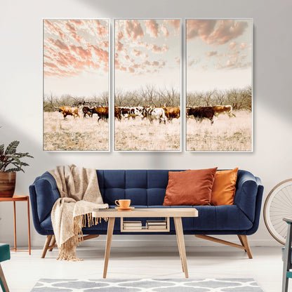 43704663-MGV-FC-48X32-3P_White-Country Cow Herd Wall Art Canvas Print, Framed Farmhouse Cattle Scene Art Picture Print, Rustic Ranch Decor Perfect Rustic