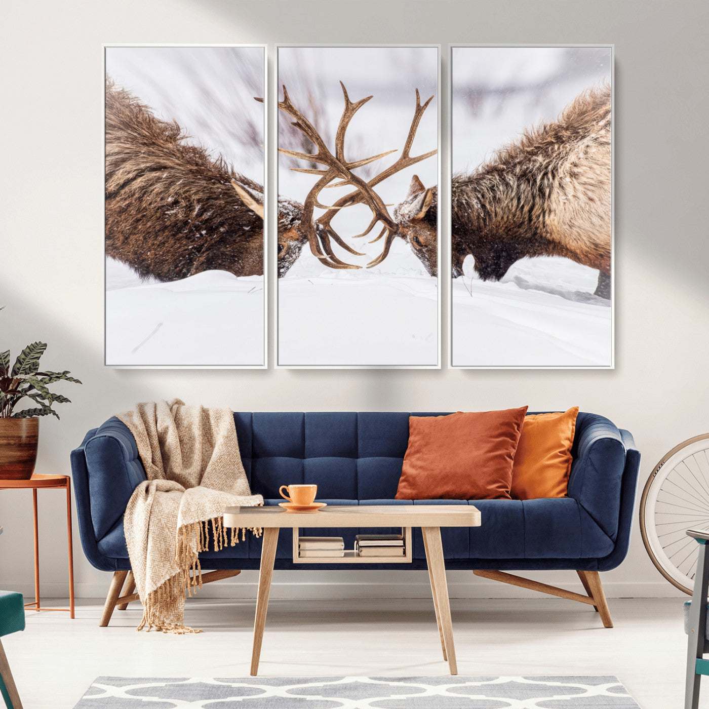 36507609-MGV-FC-48X32-3P_White-Elk Clash Scene Wall Art Canvas Print, Framed Wildlife Strength Decor Art Picture Print, Snowy Forest Elk Perfect Rustic Lodge