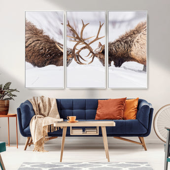 36507609-MGV-FC-48X32-3P_White-Elk Clash Scene Wall Art Canvas Print, Framed Wildlife Strength Decor Art Picture Print, Snowy Forest Elk Perfect Rustic Lodge