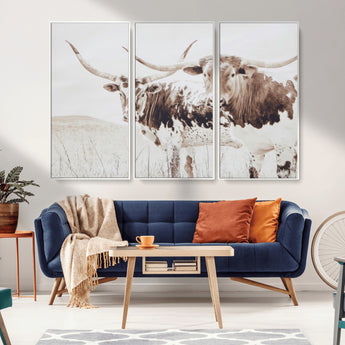48161868-MGV-FC-48X32-3P_White-Longhorn Cow Decor Wall Art Canvas Print, Framed Rustic Cattle Art Picture Print, Sepia Western Vibe Perfect Neutral Rustic