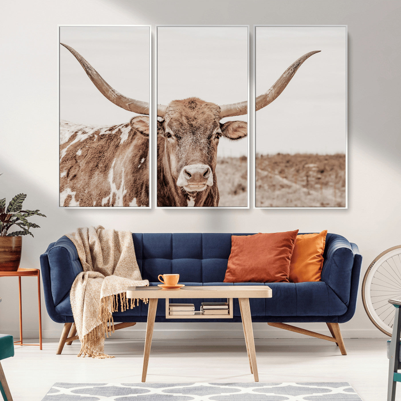 77810049-MGV-CV-36X24-Longhorn Bull Photo Wall Art Canvas Print, Framed Rustic Cow Decor Art Picture Print, Neutral Farmhouse Style Perfect Rustic
