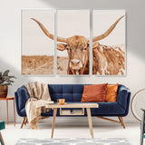 74406977-MGV-CV-36X24-Longhorn Bull Decor Wall Art Canvas Print, Framed Western Cow Theme Art Picture Print, Rustic Farmhouse Wall Perfect Neutral