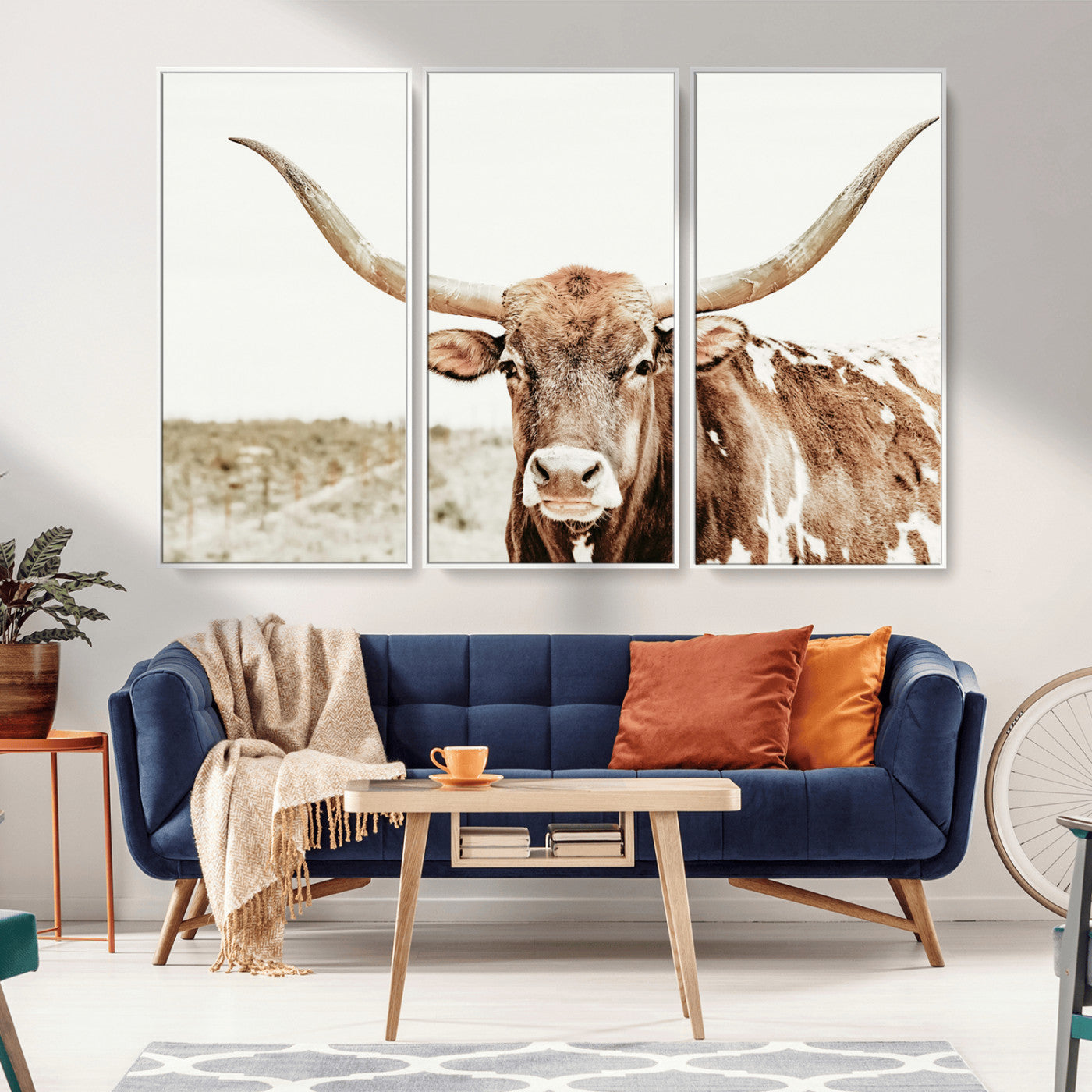 98924580-MGV-FC-48X32-3P_White-Texas Longhorn Bull Wall Art Canvas Print, Framed Rustic Farmhouse Decor Art Picture Print, Western Animal Theme Perfect Rustic