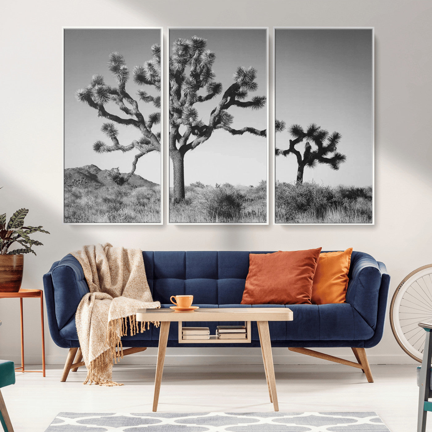 93692513-MGV-FC-48X32-3P_White-Joshua Tree Wall Art Canvas Print, Framed Monochrome Desert Art Picture Print, Minimalist Nature Scene Perfect Southwestern