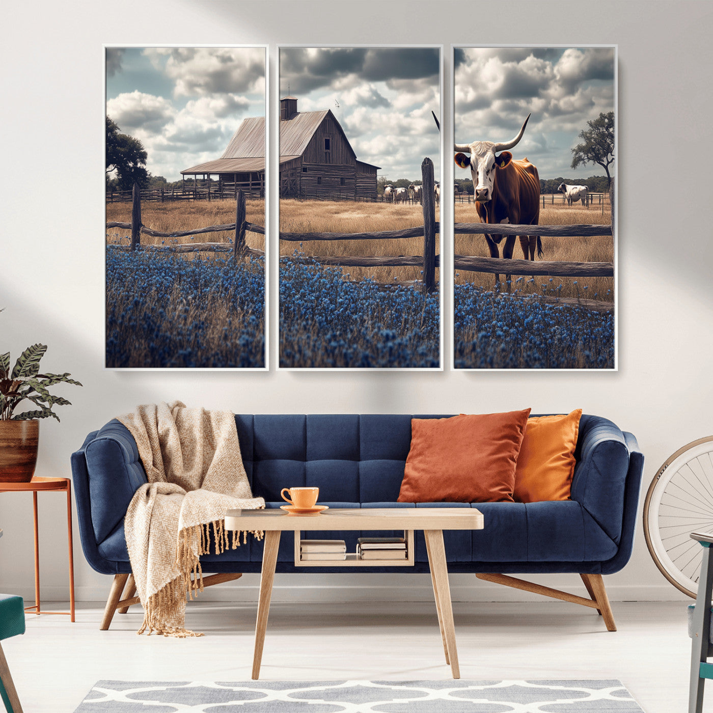 51092814-MGV-FC-48X32-3P_White-Texas Longhorn Wall Art Wall Art Canvas Print, Framed Rustic Barn Canvas Art Picture Print, Farmhouse Cow Decor Perfect Rustic