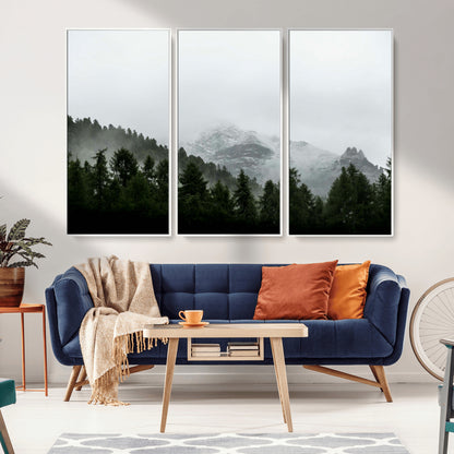 55968349-MGV-CV-36X24-Misty Mountains Wall Art Canvas Print, Framed Foggy Forest Art Picture Print, Snowy Peaks Perfect Moody Wilderness Decor Artwork