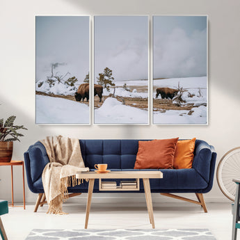 60308289-MGV-CV-36X24-Bison Wildlife Wall Art Canvas Print, Framed Snowy Prairie Art Picture Print, Western Landscape Perfect Rustic Winter Decor