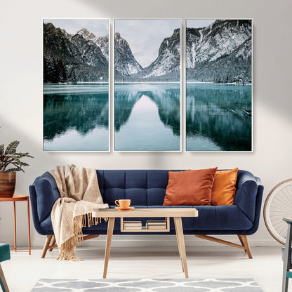 73098373-MGV-CV-36X24-Mountain Lake Wall Art Canvas Print, Framed Winter Wonderland Art Picture Print, Snowy Peaks Perfect Modern Nature Decor Artwork