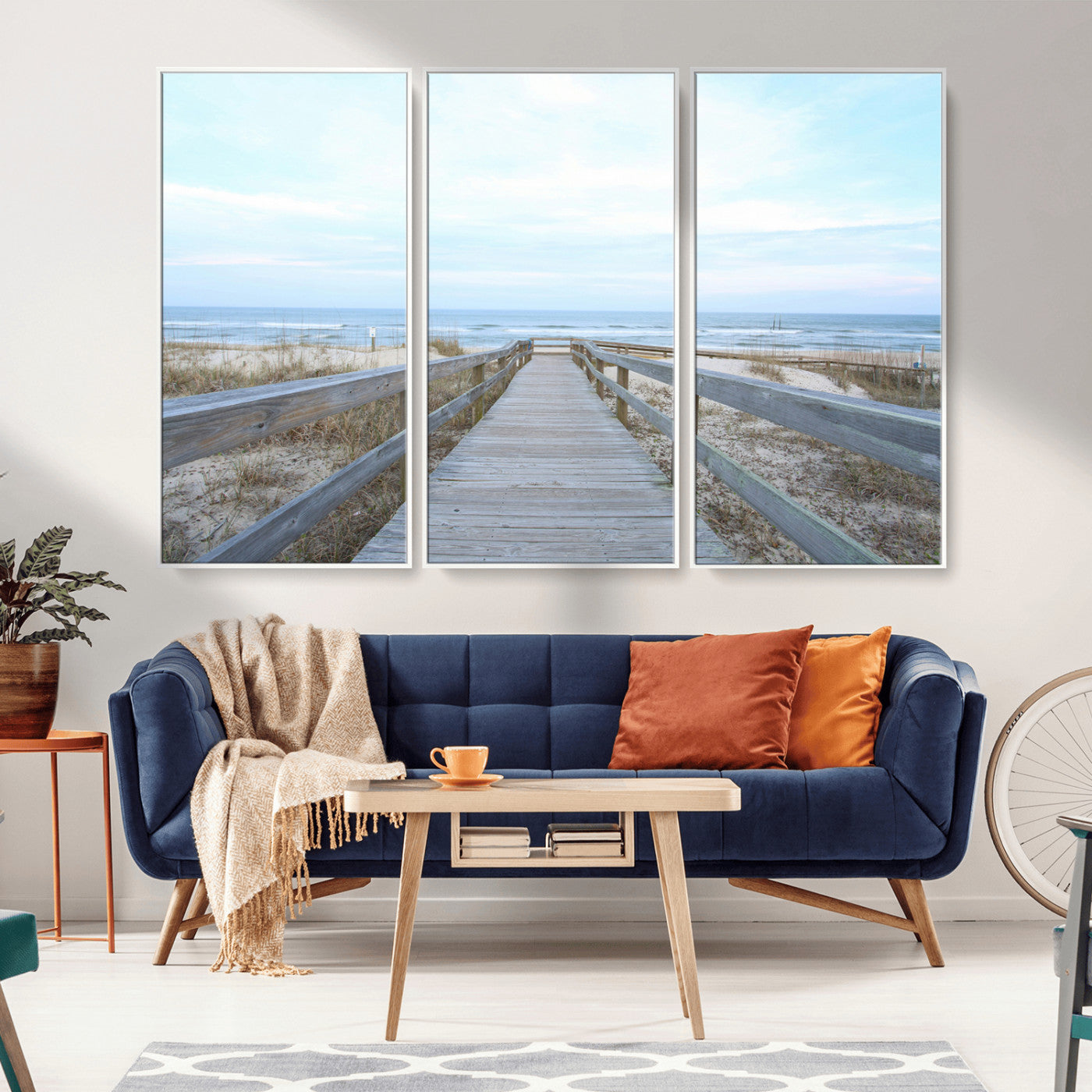 31602988-MGV-CV-36X24-Beach Boardwalk Wall Art Canvas Print, Framed Coastal Serenity Art Picture Print, Ocean View Perfect Coastal Minimalist Decor
