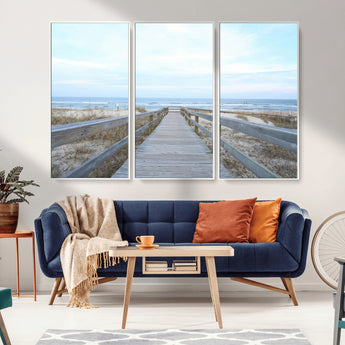 31602988-MGV-CV-36X24-Beach Boardwalk Wall Art Canvas Print, Framed Coastal Serenity Art Picture Print, Ocean View Perfect Coastal Minimalist Decor