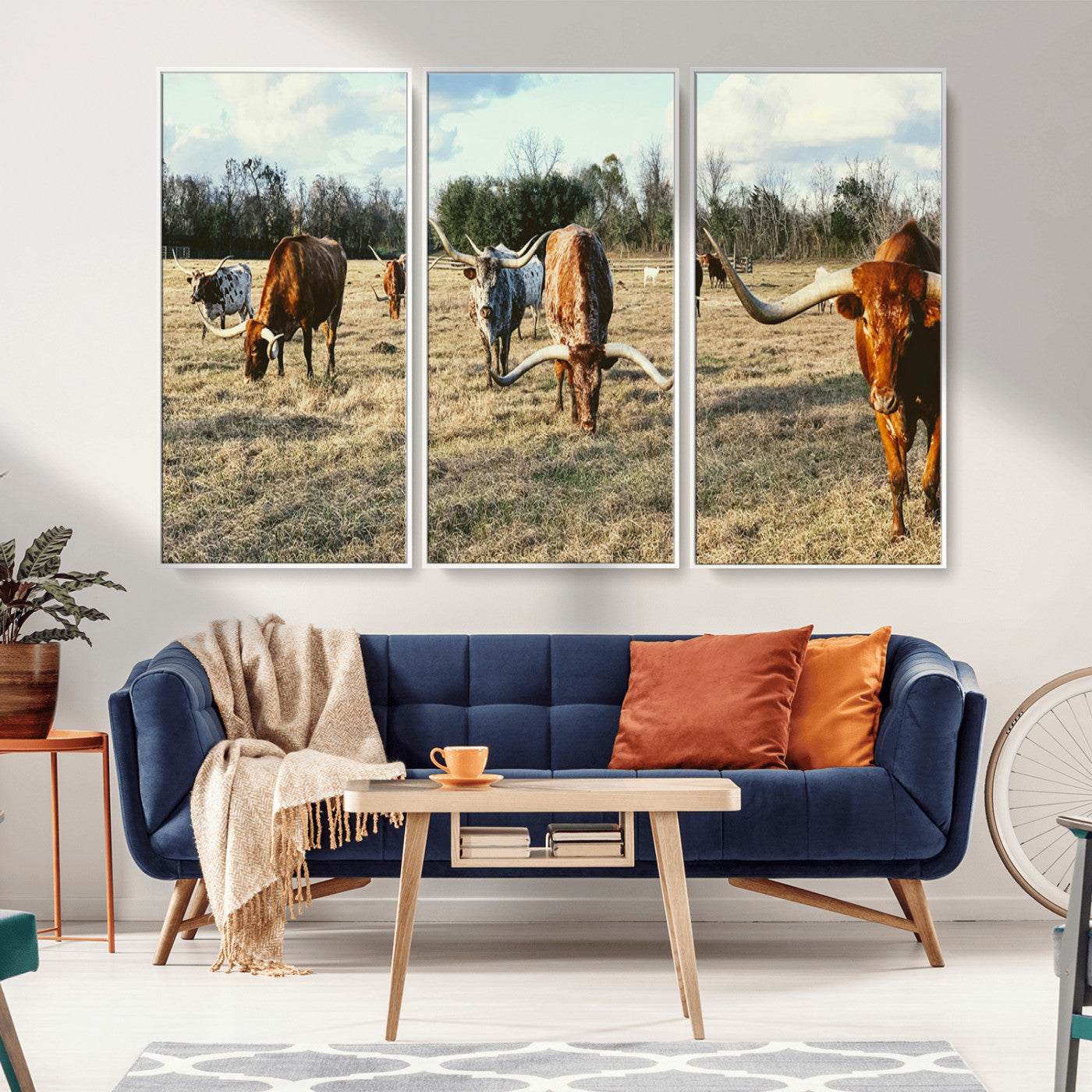 39144651-MGV-CV-36X24-Texas Longhorns Wall Art Canvas Print, Framed Rustic Farm Scene Art Picture Print, Western Cattle Perfect Rustic Farmhouse Decor