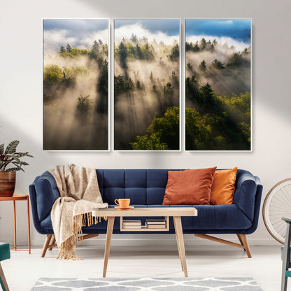 14785710-MGV-CV-36X24-Tranquil Forest Scene Wall Art Canvas Print, Framed Sunbeam Through Trees Art Picture Print, Moody Green Wall Art Perfect