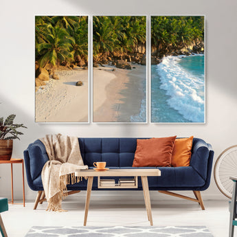 82312665-MGV-CV-36X24-Tropical Beach Wall Art Canvas Print, Framed Ocean Waves Art Picture Print, Palm Trees Perfect Coastal Minimalist Decor Artwork