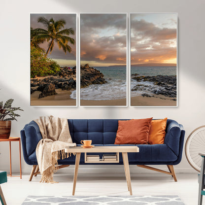 55108220-MGV-CV-36X24-Tropical Beach Wall Art Canvas Print, Framed Hawaiian Sunset Art Picture Print, Ocean Waves Perfect Coastal Tropical Decor Artwork