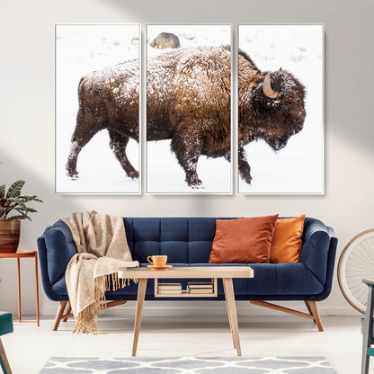 94261165-MGV-CV-36X24-Snowy Buffalo Wall Art Canvas Print, Framed Wildlife Photography Art Picture Print, Brown Tones Perfect Rustic Lodge Decor Decor