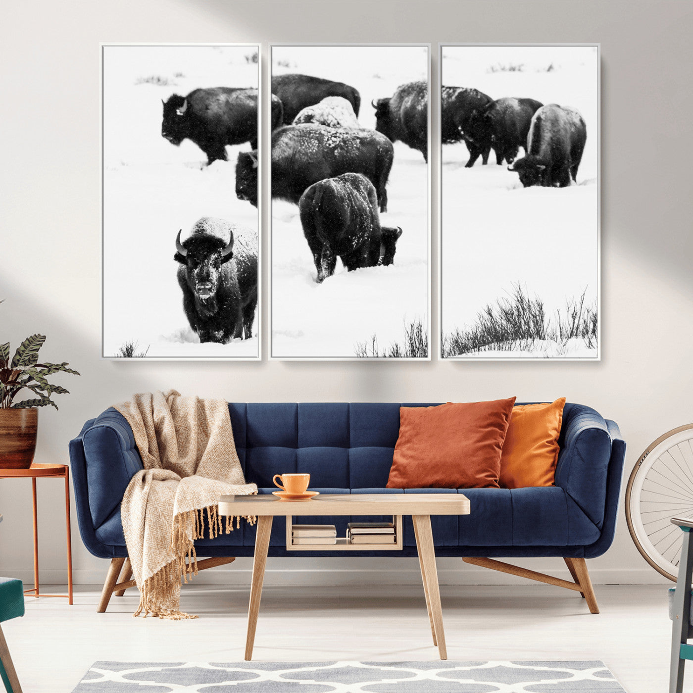 18914414-MGV-CV-36X24-Buffalo Herd Wall Art Canvas Print, Framed Black and White Art Picture Print, Snowy Landscape Perfect Rustic Lodge Decor Decor