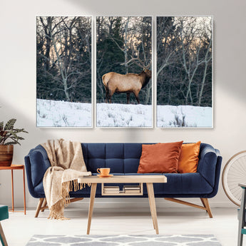 36533178-MGV-CV-36X24-Wild Elk Photography Wall Art Canvas Print, Framed Winter Wildlife Art Picture Print, Snowy Forest Perfect Rustic Lodge Decor