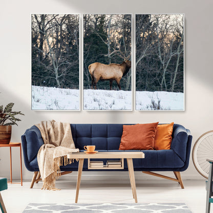 36533178-MGV-CV-36X24-Wild Elk Photography Wall Art Canvas Print, Framed Winter Wildlife Art Picture Print, Snowy Forest Perfect Rustic Lodge Decor