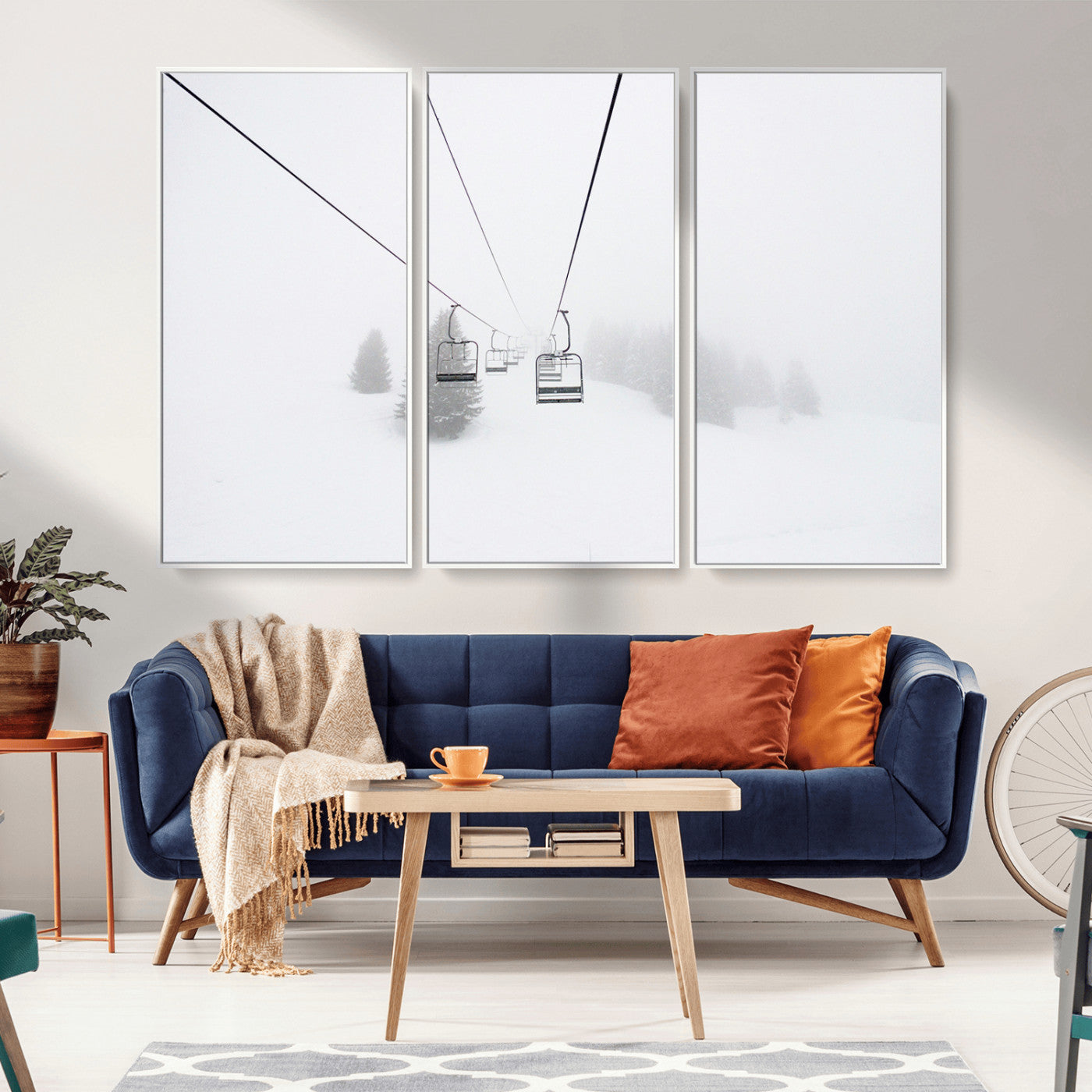 20216390-MGV-CV-36X24-Ski Lift Wall Art Canvas Print, Framed Snowy Landscape Art Picture Print, Alpine Adventure Perfect Nordic Minimalist Decor Artwork