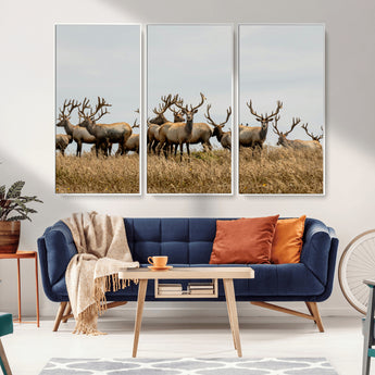 42170220-MGV-CV-36X24-Elk Herd Wall Art Canvas Print, Framed Wildlife Photography Art Picture Print, Majestic Antlers Perfect Rustic Wildlife Decor