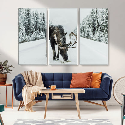 13316292-MGV-CV-36X24-Moose in Snow Wall Art Canvas Print, Framed Winter Wildlife Art Picture Print, Snowy Forest Scene Perfect Rustic Lodge Decor